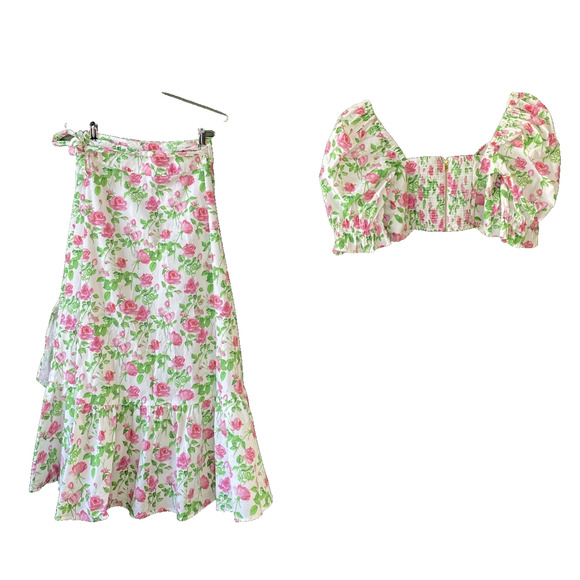 Hill House Size Small Isabella Smocked Crop Top Midi Floral Skirt Prairie Vacay - Picture 3 of 11